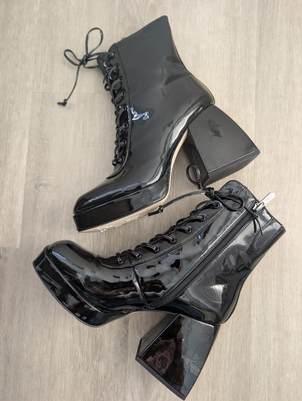Black Patent Platform Lace-Up Ankle Boots 8.5 Chunky